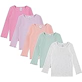 Cudlie 5-Pack Infant/Toddler Girl Long Sleeve Shirt - Basic Baby Tees, Blouses, Tops - Solid Print & Ruffled Tshirts