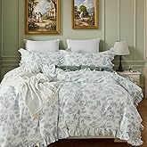 Brandream French Country Toile Queen Duvet Cover Set for Girl Women Bedroom Vintage Green Toile Floral Print 100% Cotton Duvet Quilt Comforter Cover Pillow Shams Set with Delicate Ruffle Fringe