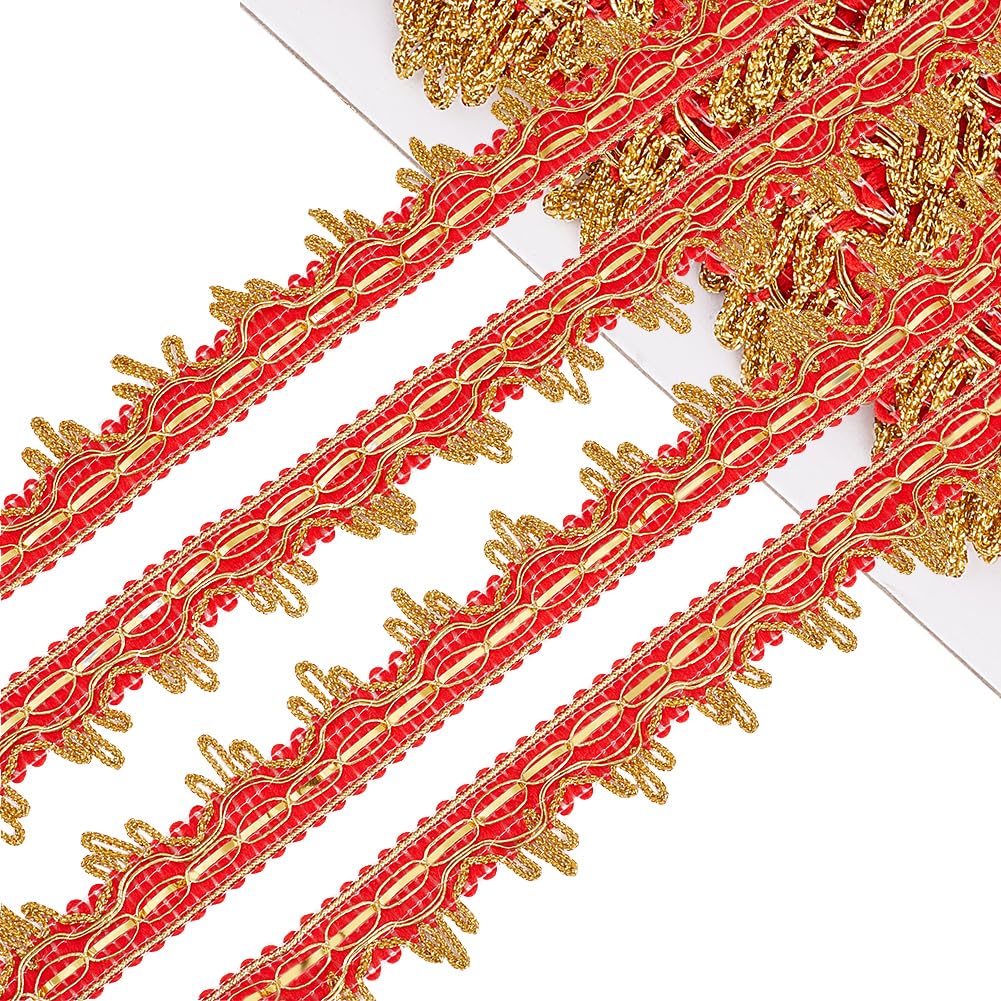 CABODYALS 16.46M 25mm Red Gimp Braid Trim Gold Edging Ethnic Style Embroidered Floral Lace Trimming Glitter Upholstery Woven Fabric Ribbons for Sewing Making DIY Crafts Wedding Curtain Dresses Decor