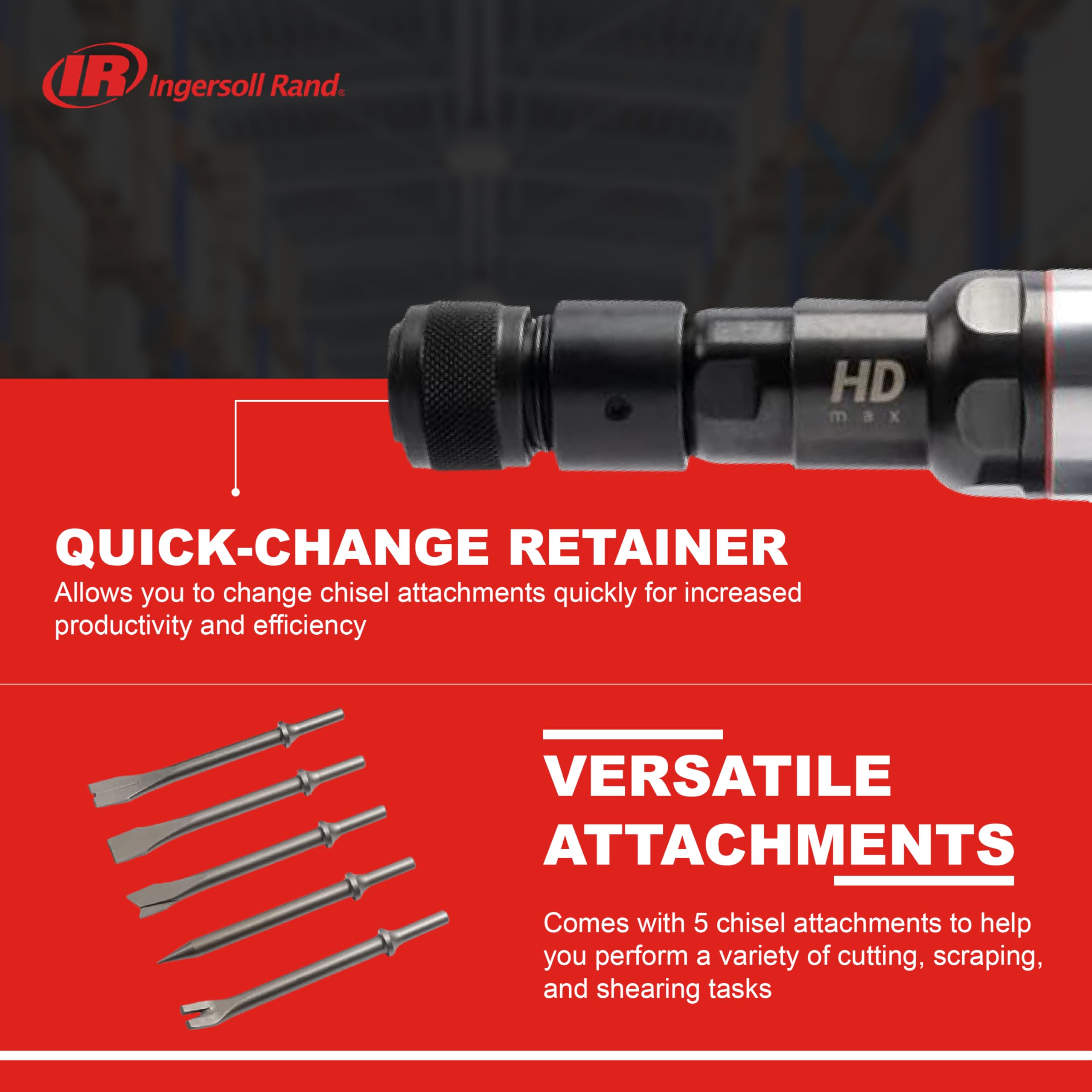 Ingersoll Rand 135MAXK Vibration Reduced Quick-Change Air Hammer 5-Piece Chisel Set, 2,600 BPM, 3