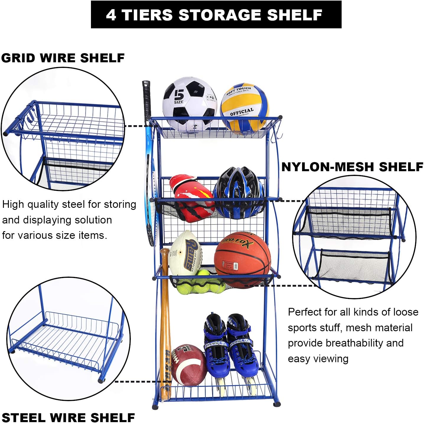 Mythinglogic Sports Equipment Storage for Garage, 4 Shelf Shelving Garage Organizer with Rack, Sports and Ball Storage, Sport Gear Balls Storage, Sport Utility Storage Rack, Blue: Sports & Outdoors