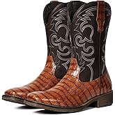 IUV Cowboy Boots For Men Western Caiman Tail Print Wide Fashionable Embroidered Pull On Slip Resistant Boots