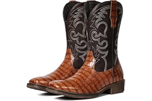 IUV Cowboy Boots For Men Western Caiman Tail Print Wide Fashionable Embroidered Pull On Slip Resistant Boots