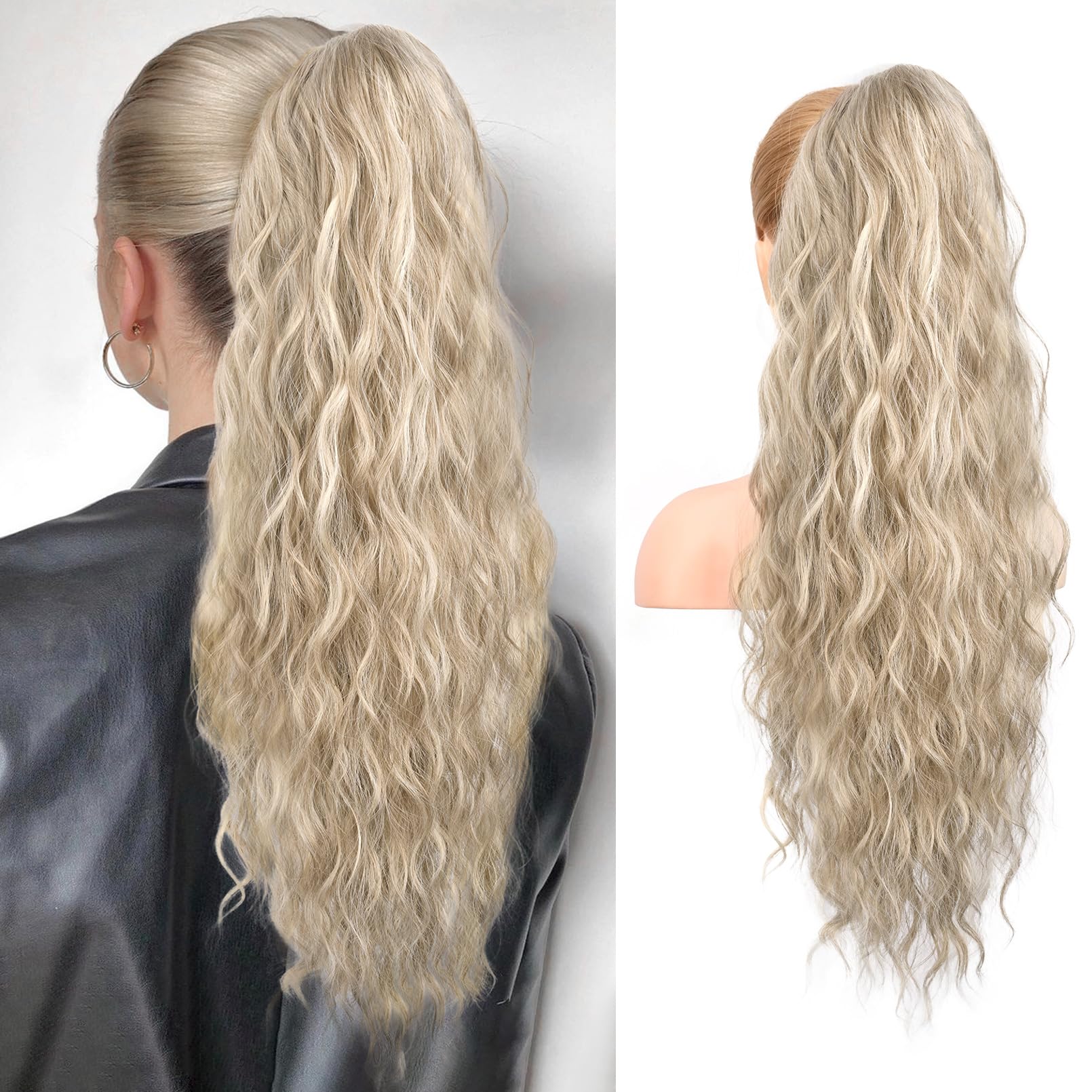 REECHO Ponytail Extension, 26" Long Beach Wave Drawstring Pony Hair Extension Synthetic Pony Tail Hairpiece for Women - Medium Blonde with Highlights — image 1