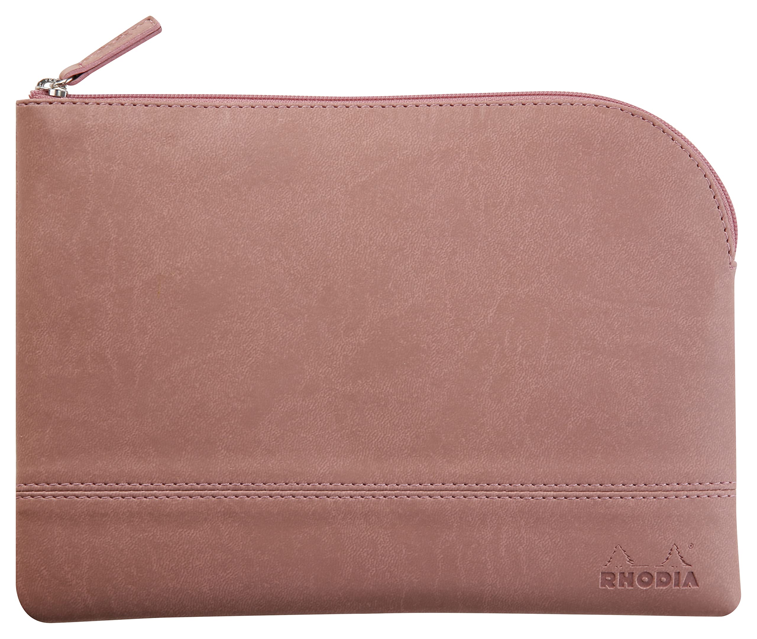 RHODIA 116629C - Leatherette Zippered Pouch - Rosewood - Size M (16 x 22 cm) - Genuine Stitching - Inside Orange Fabric - Storage for Documents, Small Supplies