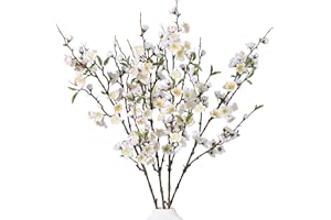 florisso 4 PCS Artificial Cherry Blossom Branches Spring Indoor Decoration, Faux Flowers 34.45" Long Stems Plum Fake Peach Plants Real Touch Silk for Wedding Home Bedroom Party Table Office, White