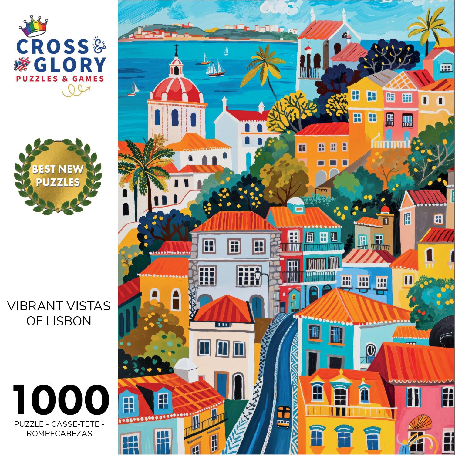 Cross & Glory - Jigsaw Puzzles 1000 Pieces for Adults | Vibrant Vistas of Lisbon - 1000 Piece Puzzle for Adults | Folk Art Style | Bright | Colorful | Family Friendly Game