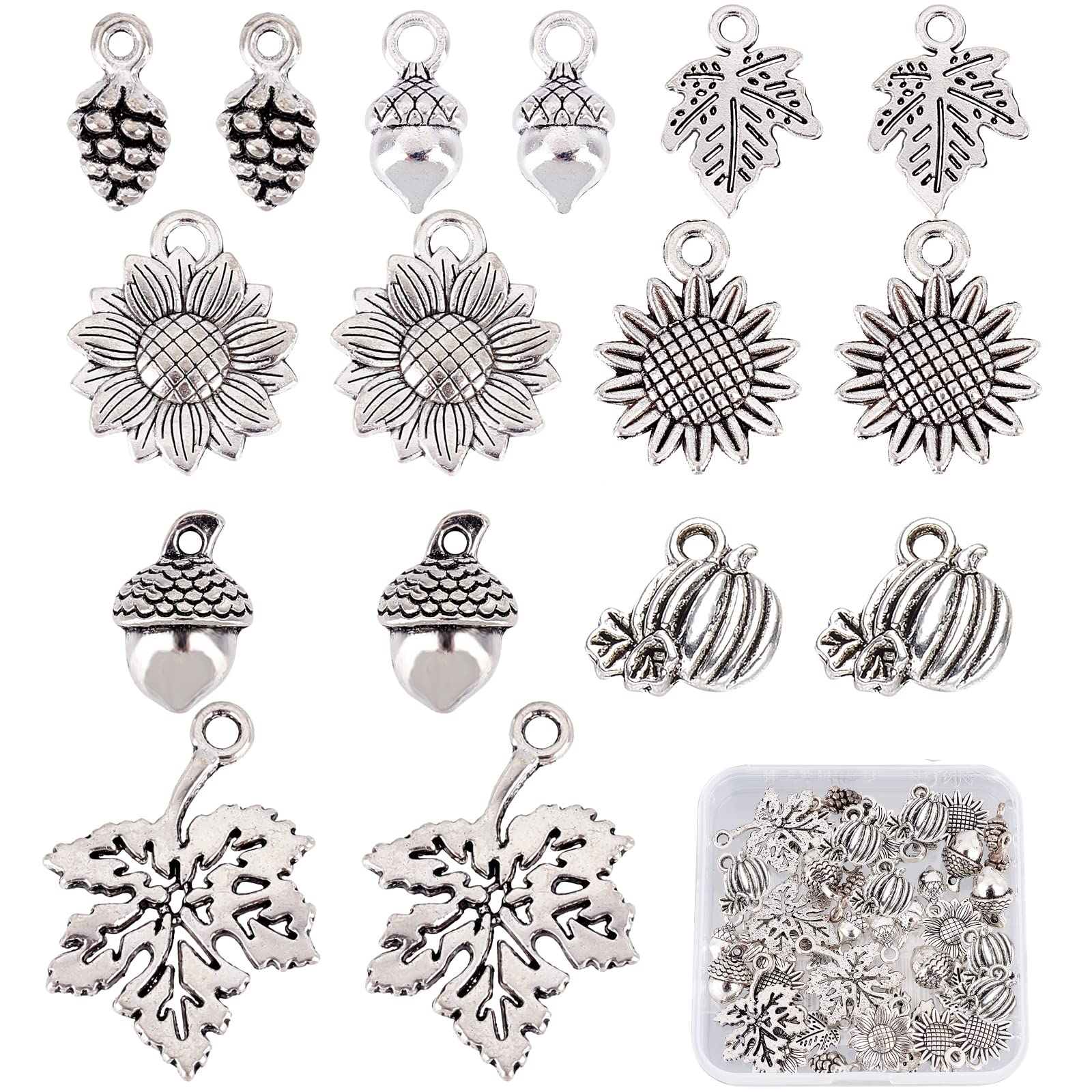 SUNNYCLUE 1 Box 48pcs 8 Styles Thanksgiving Silver Pinecone Charms Christmas Pinecone Pendants Vintage Alloy Autumn Maple Leaf Pendants for Jewelry Making Charms Necklace Bracelet Making Craft Supply