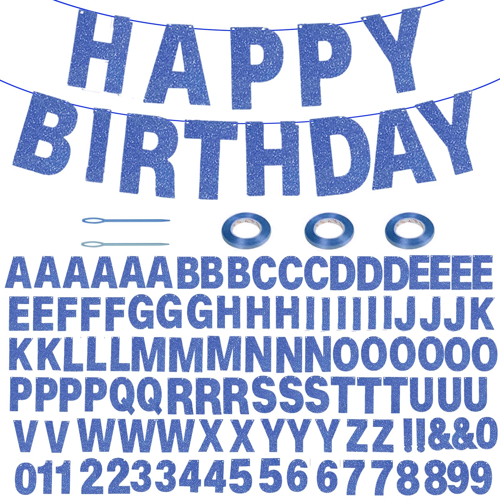 Photo 1 of 116 Pcs DIY Glitter Customizable Banner Kit Custom Banner Including 111 Letters and Numbers 3 Rope and 2 Threading Device for Personalized Decor for Halloween Birthday Banner (Blue)