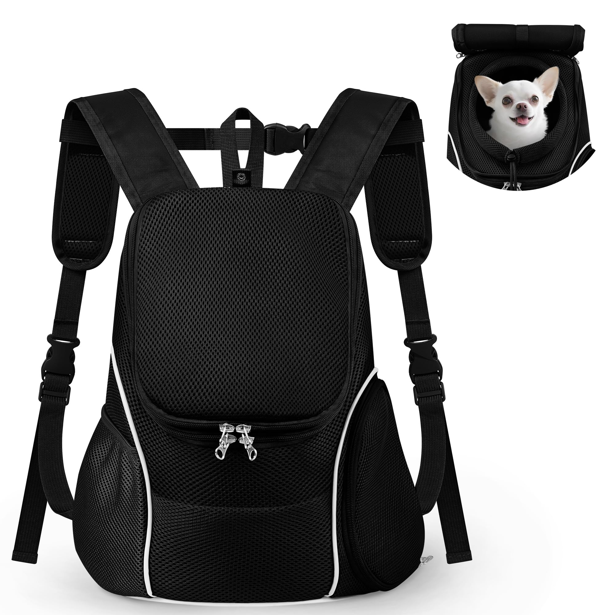 Photo 1 of WOYYHO Pet Dog Carrier Backpack with Top and Side Windows, Small Dog Front Backpack Ventilated Dog Back Pack with Safety Belt for Travel Hiking Outdoor Adventures (Size M: 5-9 lbs, All Black 2.0)