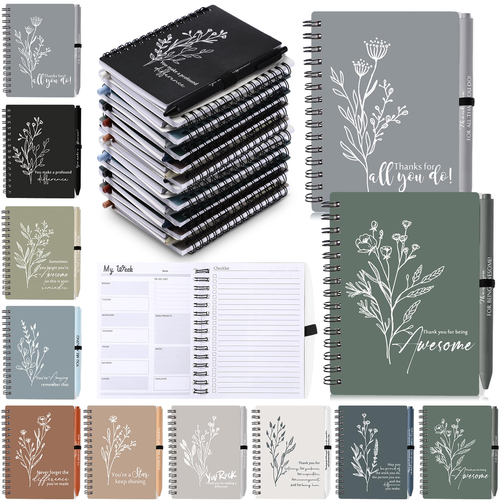 Photo 1 of 10 Sets Employee Appreciation Gifts Bulk A6 Inspirational Spiral Undated Weekly Planners Notebook Gifts with Pens for Office Staff Teacher Coworker Volunteer Social Workers Nurses (Neutral Color)