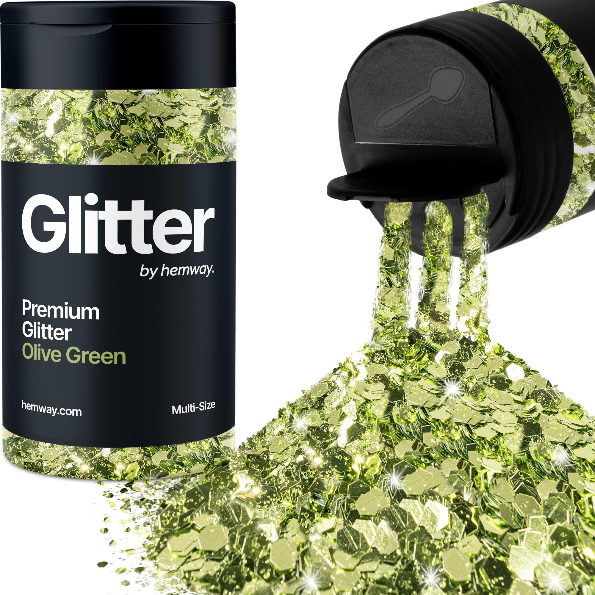 Hemway Olive Green Glitter Shaker, 120g Multi Size Glitter for Crafts Metallic Flake Sequins for Resin & Epoxy Crafts for Decorating, Halloween, Christmas, Nail, Face, Bunting, Art, Pots
