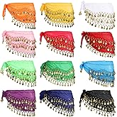 12 Pcs Belly Dance Hip Scarves, Chiffon Dance Skirts with 128 Gold Coins, Multi-Color Dangling Wrap Belts, Performance Costume Accessories, Ideal for Dance Practice and Yoga