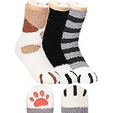 SATINIOR 3 Pairs Women Fuzzy Cat Claw Paw Socks Cat Sleep Fluffy Slipper Winter Warm Socks Christmas Holiday Gifts for Women