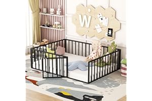 HZANHY Full Size Metal Floor Bed, Black, with Fence and Door, Ideal for Montessori Transition