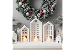 Yookeer 3 Set Christmas Wooden Village House Decor White House Tealight Candle Holders for Fireplace Mantel Wood Tables Tray Christmas Decorations