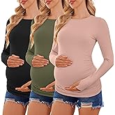 Ekouaer Womens 3 Pack Long Sleeve Maternity Shirts Crew Neck Pregnancy Clothes Side Ruched Workout Tops Casual T-Shirt S-XXL