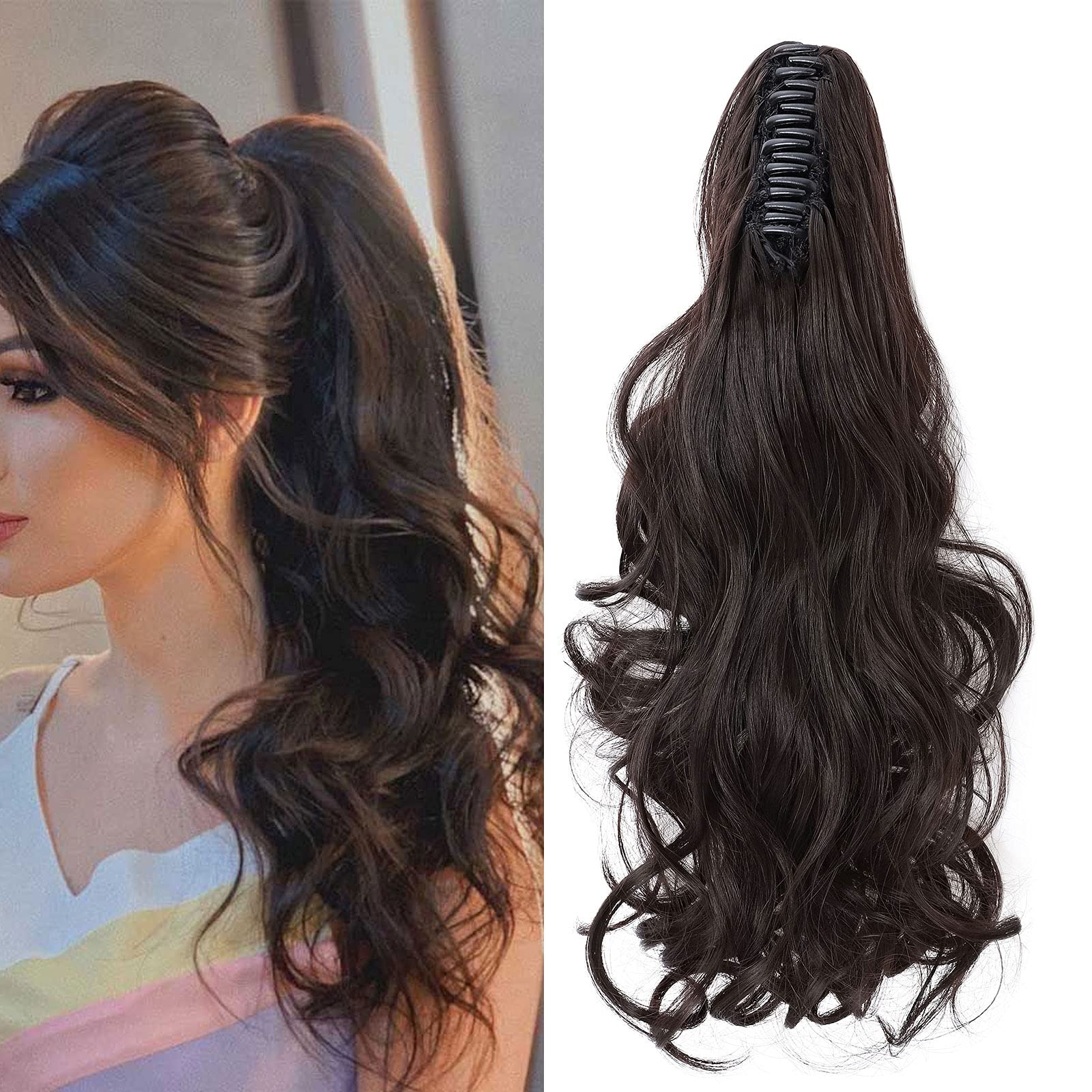 Fashion Ponytail Hair Extension Claw Curly Wavy Straight Clip in ponytail Hairpiece One Piece fake hair Ponytails for Women 18” Curly Dark Brown