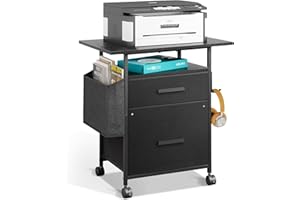 NASHZEN File Cabinet Printer Stand, Fabric Mobile Filing Cabinet with 2 Storage Drawers, for Hanging A4, Letter Size File Folders, Open Shelf with Storage Bag and Hooks Home Office, Black