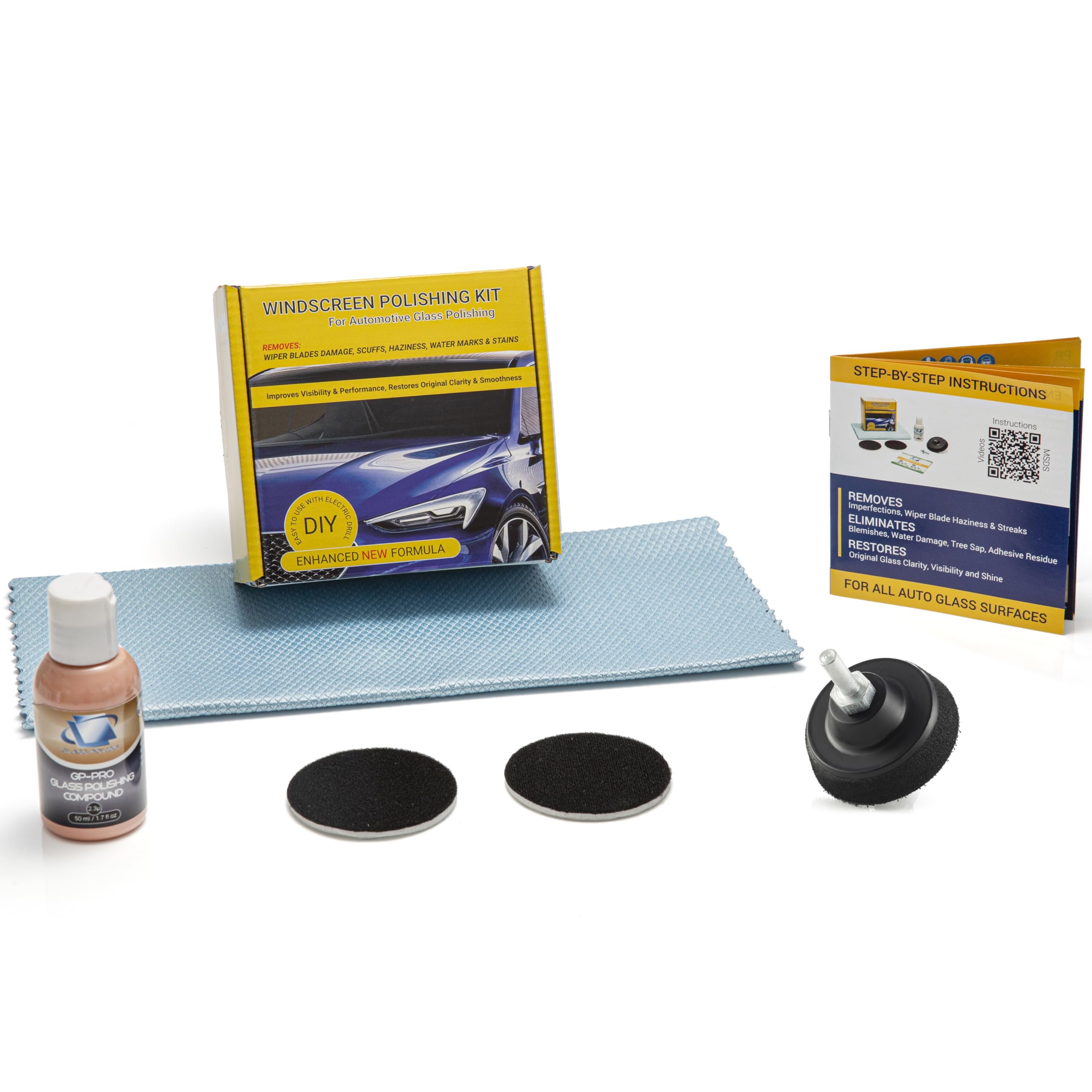 Glass Polish DIY 2” (50mm) Windshield Polishing Kit for Car Glass Restoration, Remove Wiper Blade Damage, Fine Scratches, Haziness, and Water Spots, Restore Glass Clarity and Shine - GP21003