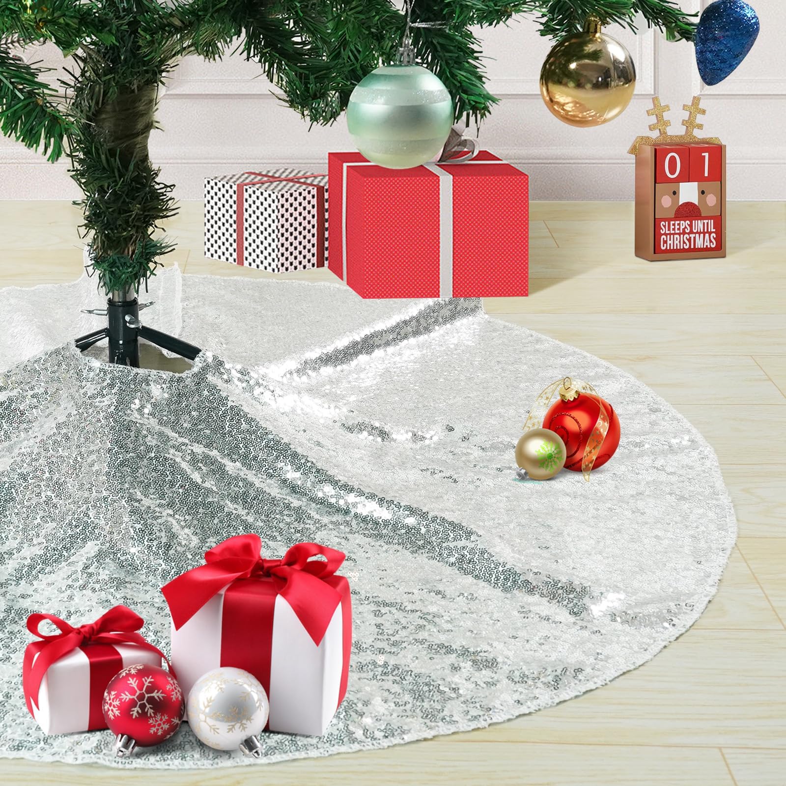 Eternal Beauty Christmas Tree Skirt 127cm Round Christmas Sequin Tree Skirt Xmas Tree Ornament for Holiday Decoration(50 inches,Silver) — image 1