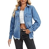 Simlakey Women's Frayed Hem Denim Jean Jacket Long Sleeve Pockets Shirt Jacket Shacket Outfits