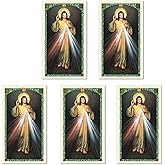 Holly Lines Five-Pack Divine Mercy Image Laminated Holy Cards with Full Chaplet, Pack of Five Detailed Color Divine Mercy Holy Prayer Cards with St. Faustinas Chaplet Prayer for Religious Gifts