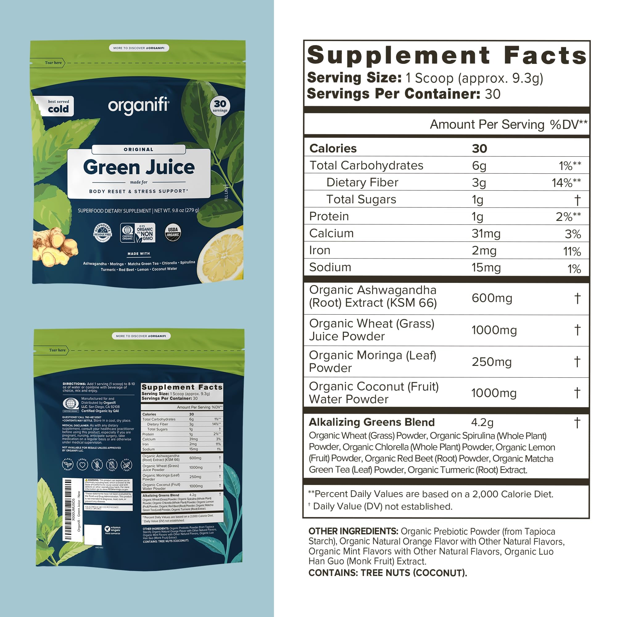 Organifi Green Juice - Organic Superfood Powder - 180-Day Supply - Organic Vegan Greens - Helps Decrease Cortisol - Provides Better Response to Stress - Supports Weight Control - Total Body Wellness