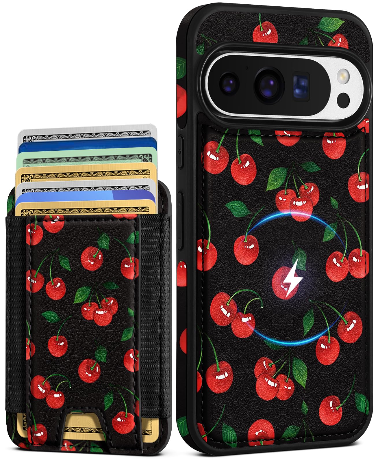 Photo 1 of Shorogyt for Google Pixel 9Pro XL Cute Kawaii Leather Phone Case - Compatible with Magsafe Wallet Magnetic Credit Card Holder Fashion Cherry Design Phone Cover for Women Girls, Fits 7 Cards