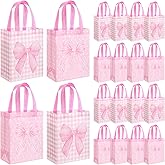 Wovnet 30 Pcs Valentines Pink Bow Gift Bags Reusable Non Woven Party Favors Coquette Bow Goodie Treat Bags with Handle for Galentines Girls Birthday Wedding Bridal Tea Party 10 x 8 x 4in