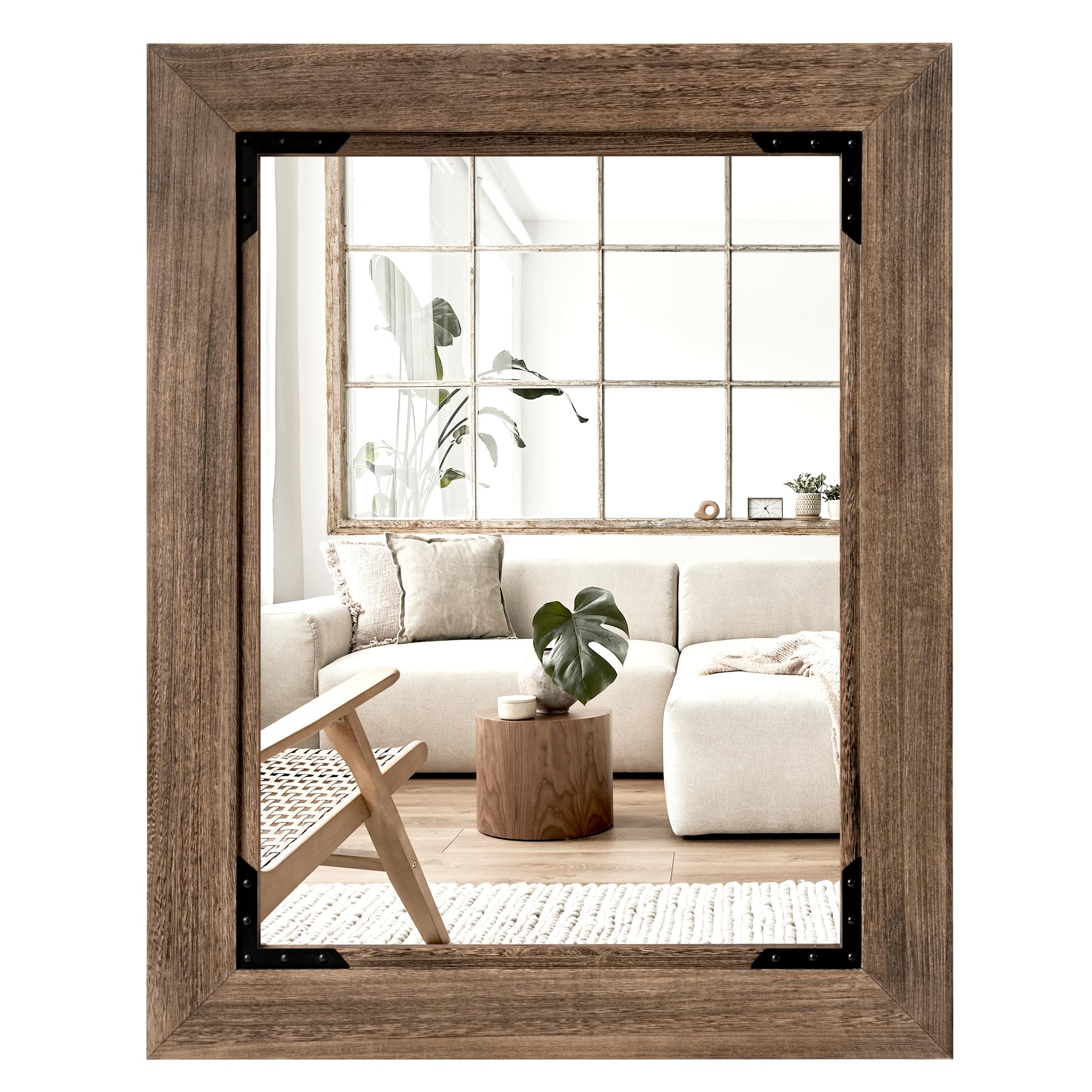 Photo 1 of 28"x36" Solid Wood Bathroom Mirror Tempered Glass for Wall Mounted, Rustic Wood Frame Wall Mirror Decorative for Living Room Bedroom Vanity Mirror, Rustic Brown