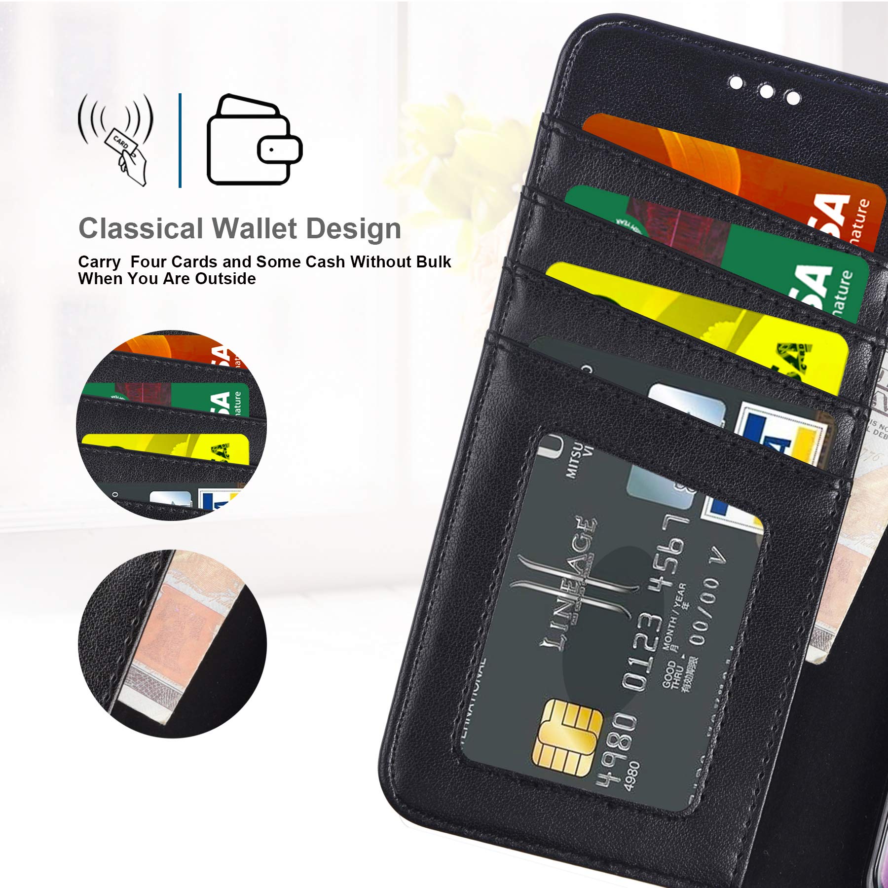 Galaxy S9 plus Case, Arae [Kickstand Feature] PU leather wallet case with [4-slots] ID&Credit Cards Pocket for Samsung Galaxy S9 plus - black