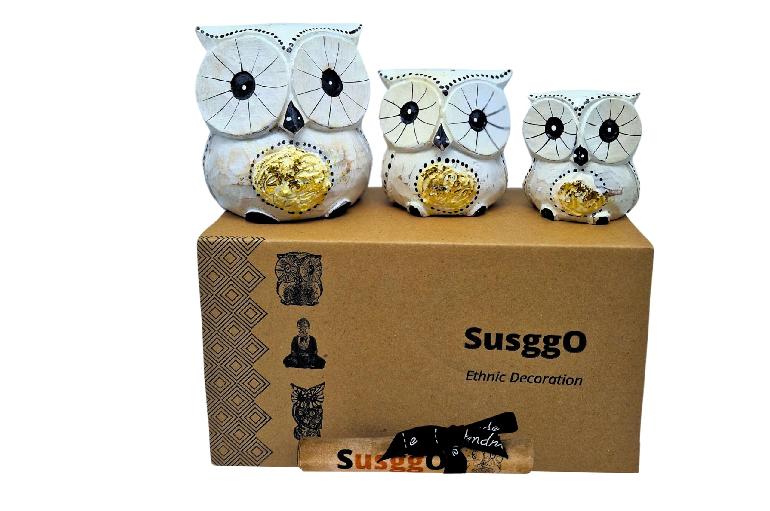 SusggO Set of 3 Decorative Wooden Owls, Owl Decoration, Owl Figures, Lucky Owls, Furniture Ornament Idea (White, Golden Details)