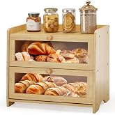 Double Layer Bread Box Container for Kitchen Countertop Homemade Bread | Large Breadbox Storage Wooden Farmhouse Bread Holder (Bamboo, Medim-15.7" L x 9.5" W x 13" H)