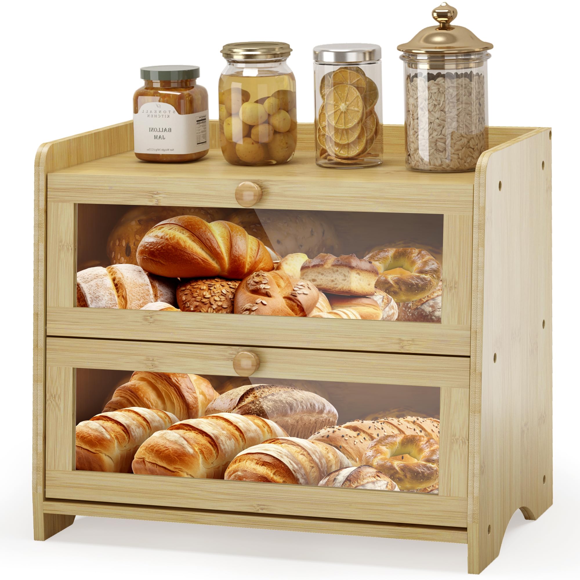 Photo 1 of JANSNIMEN Double Layer Bread Box for Kitchen Countertop, Large Breadbox Bread Container Storage with Windows, Wooden Farmhouse Bread Holder (Natural Bamboo)