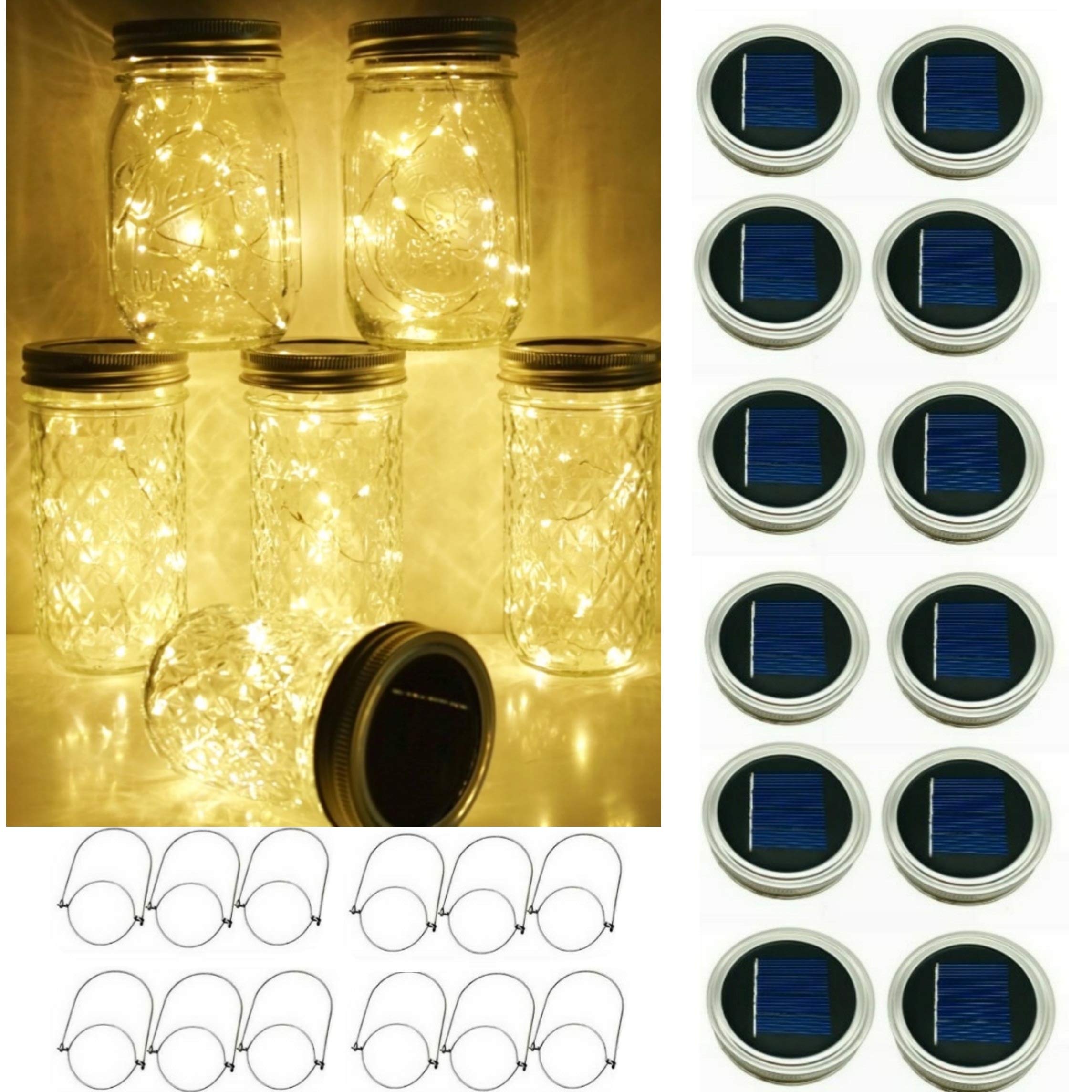 SmilingTown Solar Mason Jar String Light Lids 12 Pack 30 LED Fairy Firefly Inserts Lighting with 12 Hangers Waterproof for Outdoor Tree Patio Lawn Garden Decor, No Jars