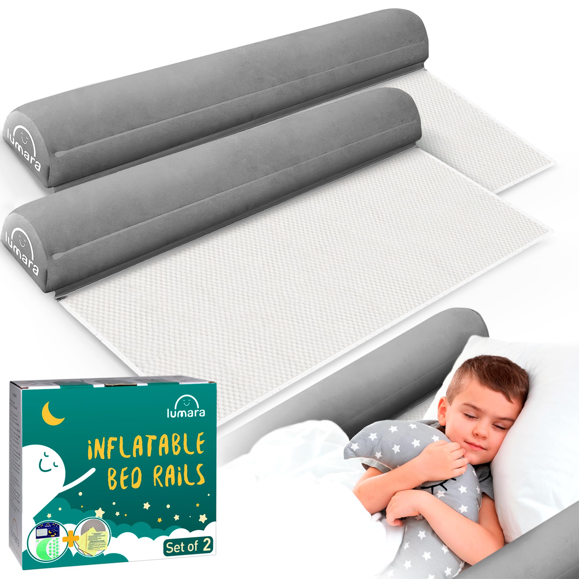 Photo 1 of LUMARA Inflatable Bed Rail for Toddlers 2 Pack - Portable Travel Bed Bumpers for Kids Fits Twin Full Queen King Size Beds - Non-Slip Safety Guard Rails