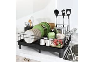 MAJALiS Extendable Dish Drying Rack - Dual Part Dish Racks with Drain Board, Adjustable Large Dish Drainer with Utensil Holde