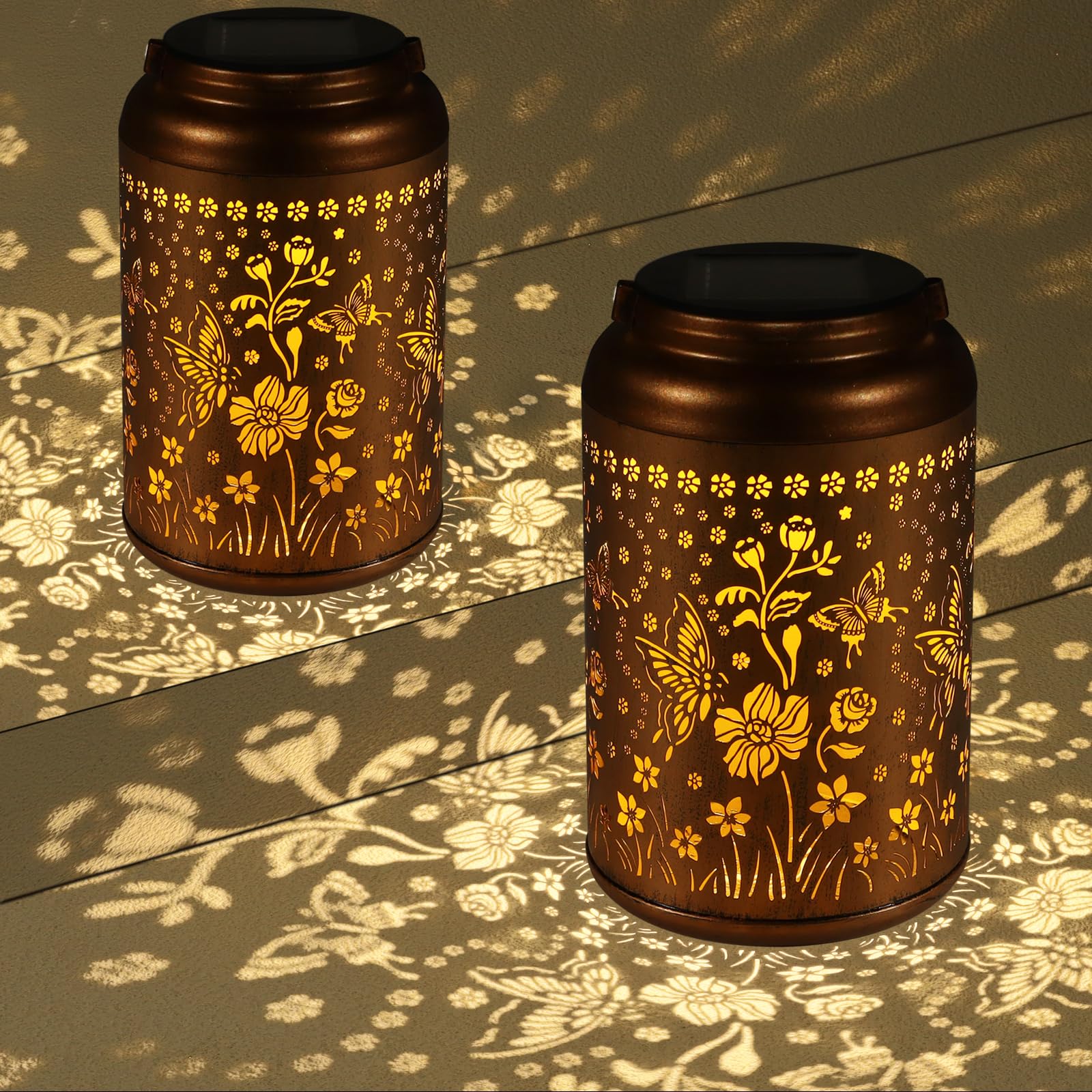 2 Pack Solar Lanterns Outdoor Waterproof, Butterflies Garden Decor Gifts for Women Mom Grandma Hanging Solar Lights Metal Decoration Outside for Yard, Patio Image