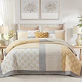 Finlonte King Size Quilt, 100% Cotton Comforter King Size, Yellow Grey Farmhouse Quilted Bedspread, Patchwork Lightweight Reversible Quilt Bedding Set for King Bed, 3-Pieces