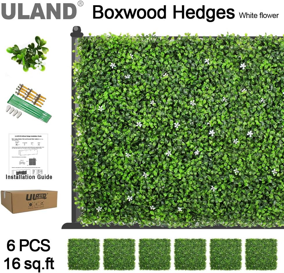 ULAND Artificial Hedges for Outdoor, Boxwood Panels, Greenery Plant Wall Decor, Garden Privacy Screening Fence, Pack of 6pcs 20"X20"