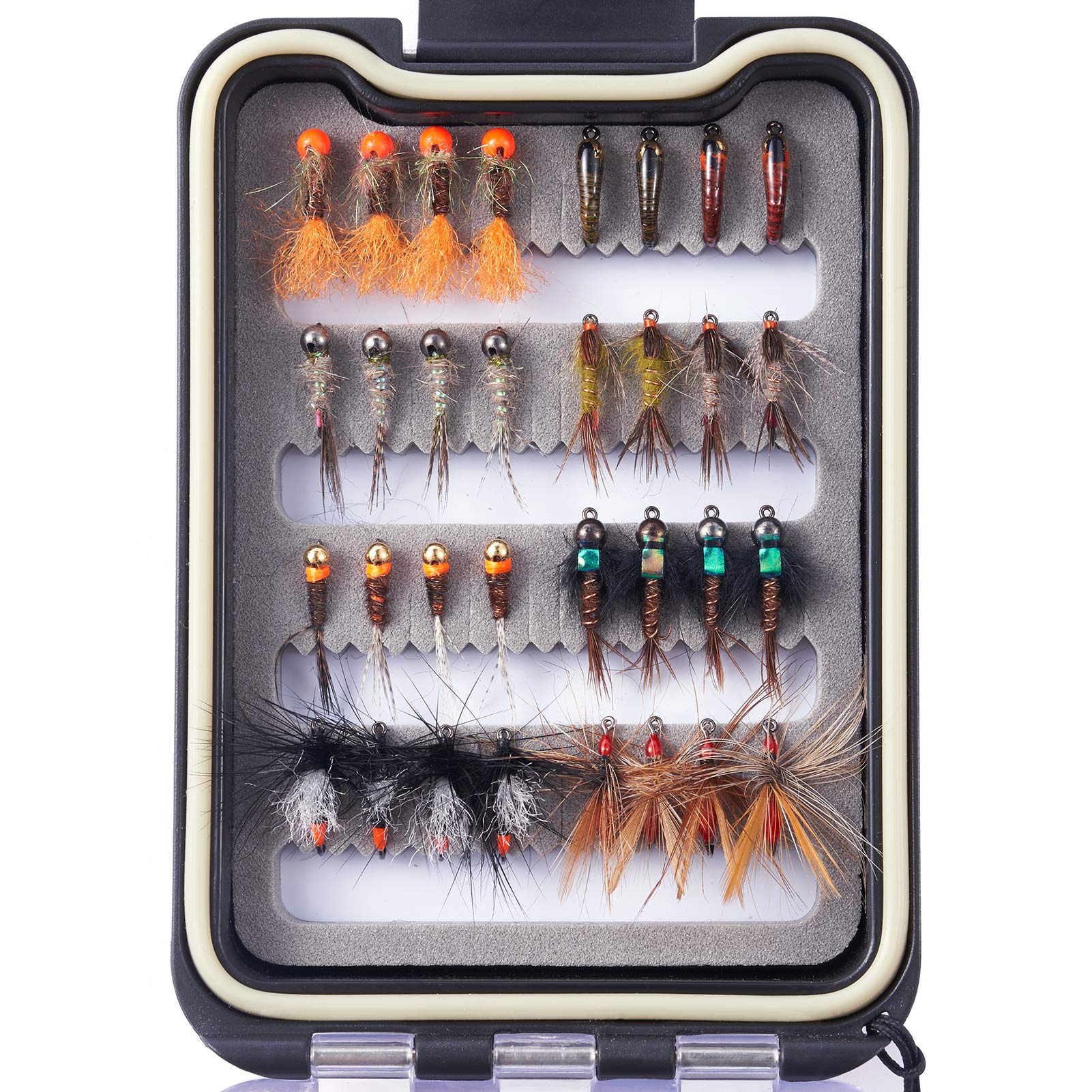 Bassdash Fly Fishing Lures Kit with Box Nymph Beadhead Wet Fishing Dry Flies for Trout Bass Salmon (32 pcs barbless trout flies)