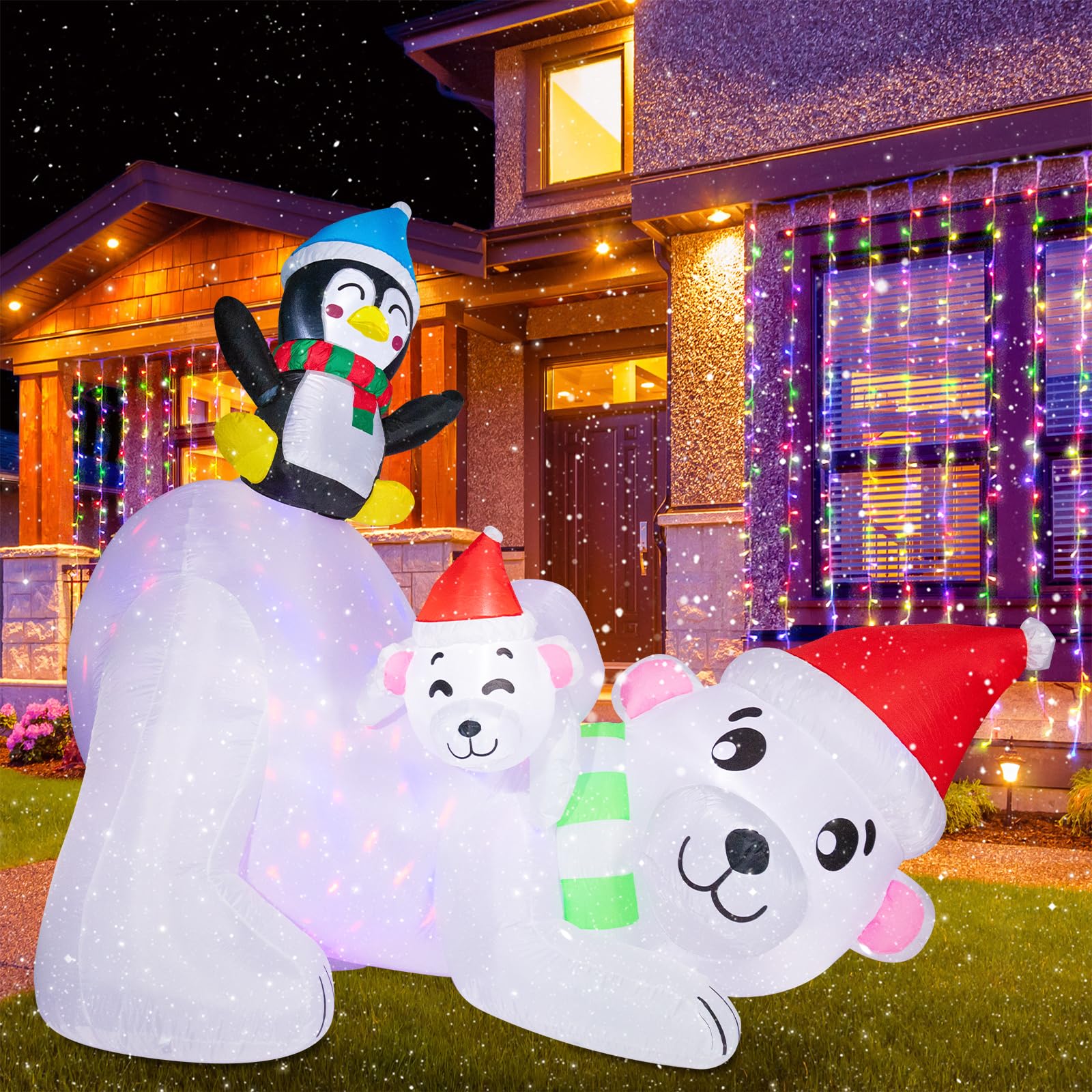Photo 1 of 7.5 FT Tall Christmas Inflatables Outdoor Decorations, Penguin and Little Polar Bear Riding Polar Bear Inflatable Christmas Decorations with Changing LED Light Blow Up Yard Party Lawn Decorations