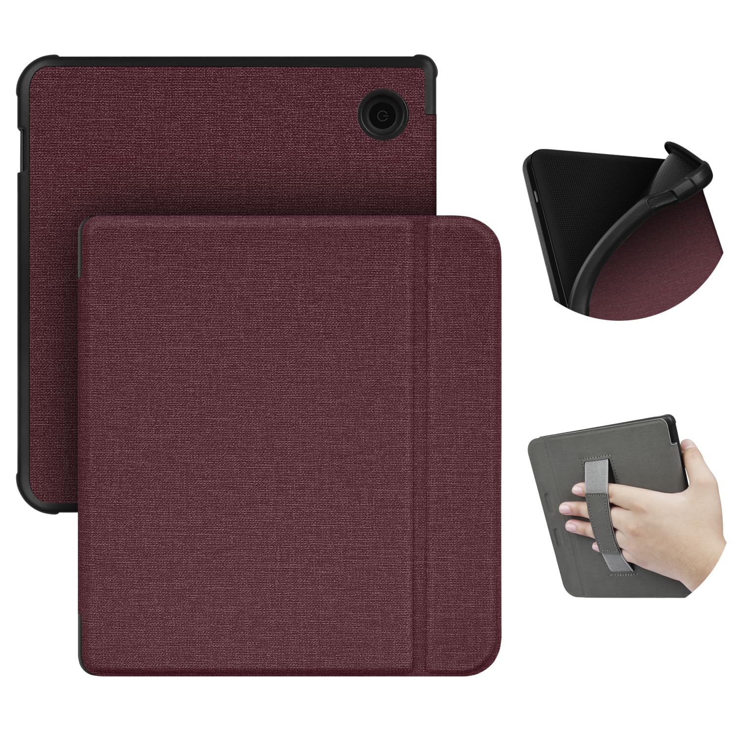 ERUNTO Case for 7-Inch Kobo Libra color(2024 Release)/Libra 2/Tolino vision 6, TPU Cover with Cloth Texture and Hand Belt on The Back, Magnetic Shell Cover with Smart Wake-up/Sleep Function(Claret)