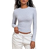 Hilor Women's Cotton Long Sleeve T Shirts Crew Neck Tight Fitted Baby Tee Basic Y2K Crop Top Going Out Tops