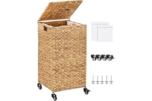 LGENHOOM Hand-Woven Laundry Basket with Wheels, Natural Water Hyacinth Laundry Hamper with Lid, Removable & Machine-Washable 