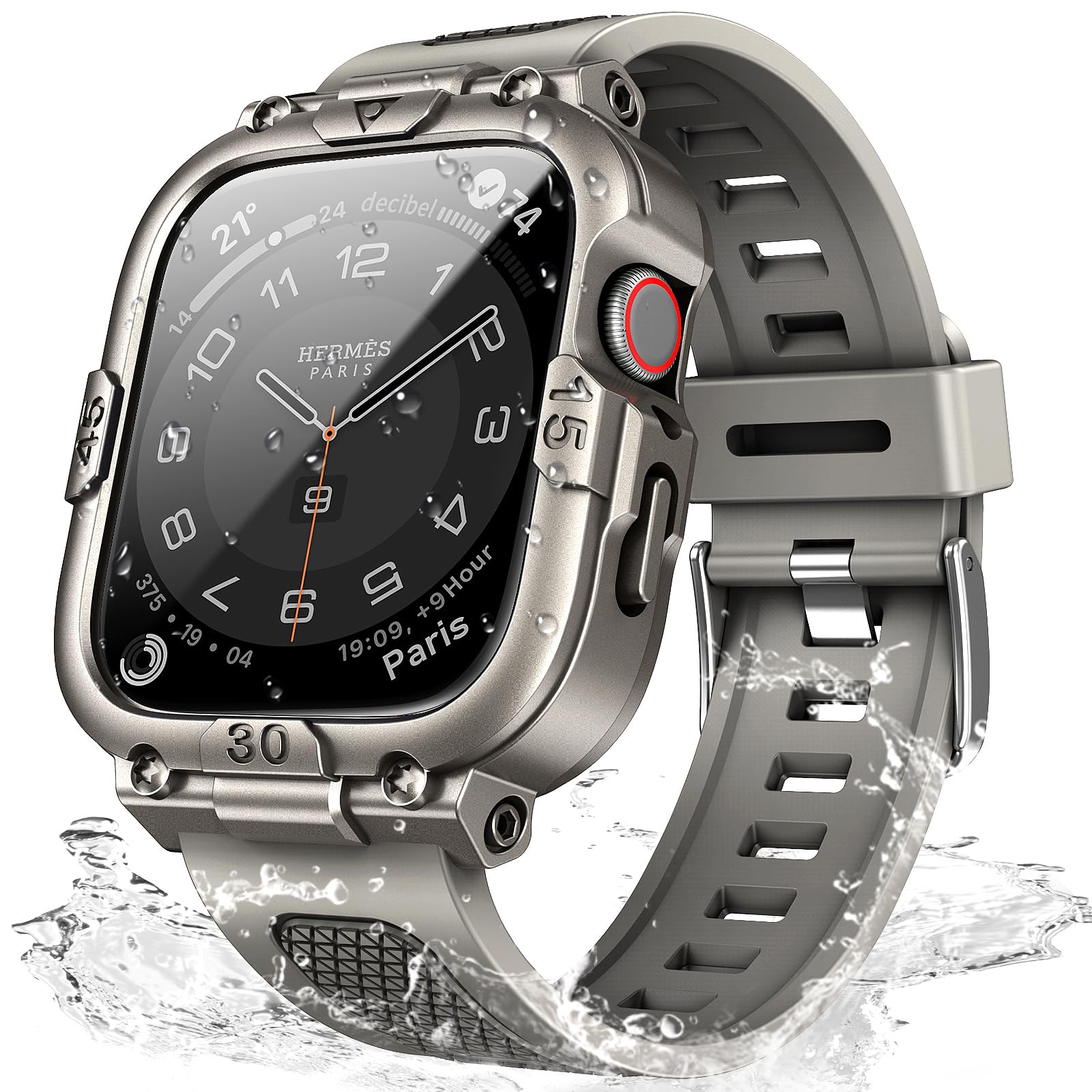 Photo 1 of Mosonio Sport Rugged Case with Band for Apple Watch Band 45mm, Waterproof Band with Screen Protector, 360°Protective Cover and Tough Black Bumper for iwatch Series 9 8 7 Men (Titanium Grey,45mm)