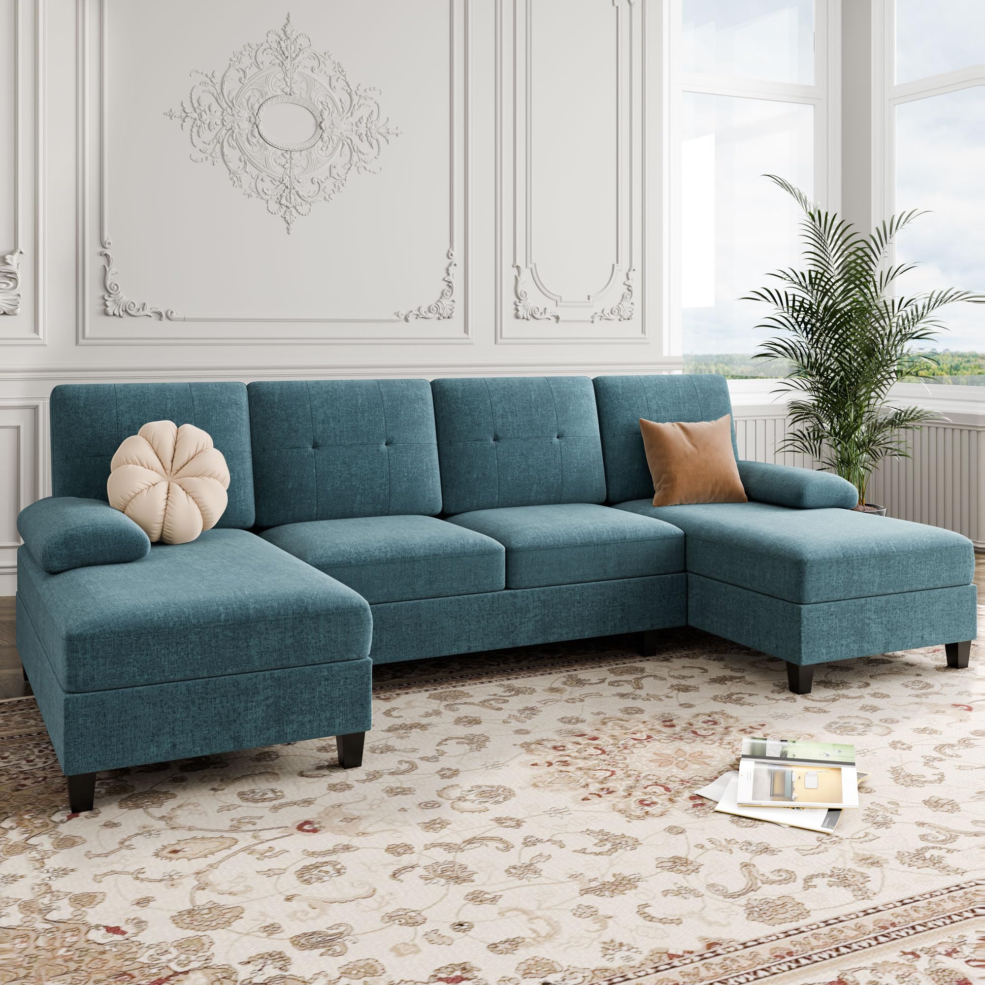 Photo 1 of ** 3 BOXES**Shintenchi U-Shaped Sectional Sofa with Double Chaise, 4-Seat Linen Fabric Living Room Furniture Set, High-Density Cushions for Ultimate Comfort & Modern Style, Lake Blue