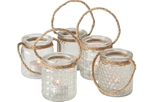 WHW WHOLE HOUSE WORLDS Beach Chic Nautical Rope Hurricane Lamps, Clear Glass Candle Holder, for LED or Wax Votive, Pillar or Tealights, Wind Light, Set of 5, 2 3/4 x 2 3/4 x 3 1/2 Inches