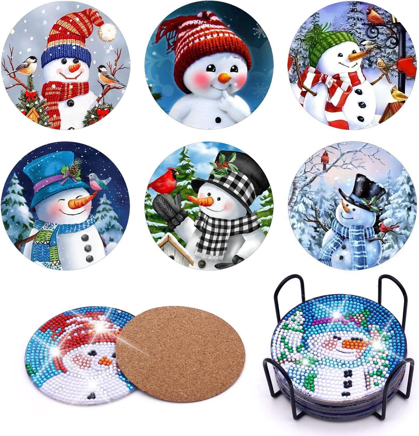Photo 1 of 6PCS Christmas Diamond Painting Coaster with Holder, Snowman Diamond Painting Art Coasters Kit, DIY Drink Coasters with Cork Base Diamond Art Painting Coasters Kit for Adults Kids Beginners